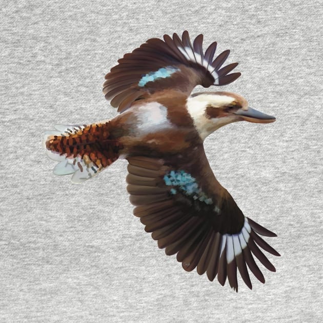 Flying Kookaburra, an Australian icon. Flashing it’s blue plumage, realistically illustrated. by PlumpPlumStudio